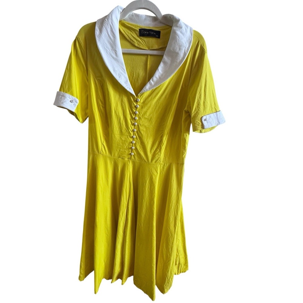 Gown Town Yellow 1950s Retro Swing Dress Sz XXL White Sailor Collar Pearl Button